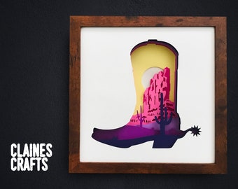 Desert Cactus Shadow Box SVG | Wild West Cowboy Boot 3D Layered Art | Cricut & Silhouette | svg, dxf, png, studio files | Digital Download