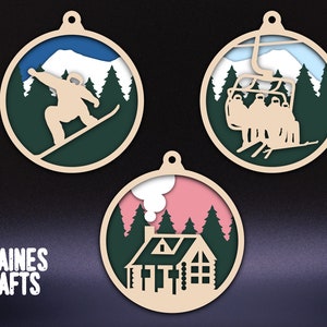 Ornement de Noël Laser File SVG Bundle Glowforge Ski, Snowboard, Cabin TÉLÉCHARGEMENT INSTANTANÉ