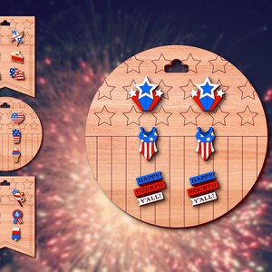 May include: A set of six pairs of patriotic themed earrings on a wooden display. The earrings feature stars, fireworks, ice cream cones, swimsuits, and banners that say "Happy Fourth Y'all!"