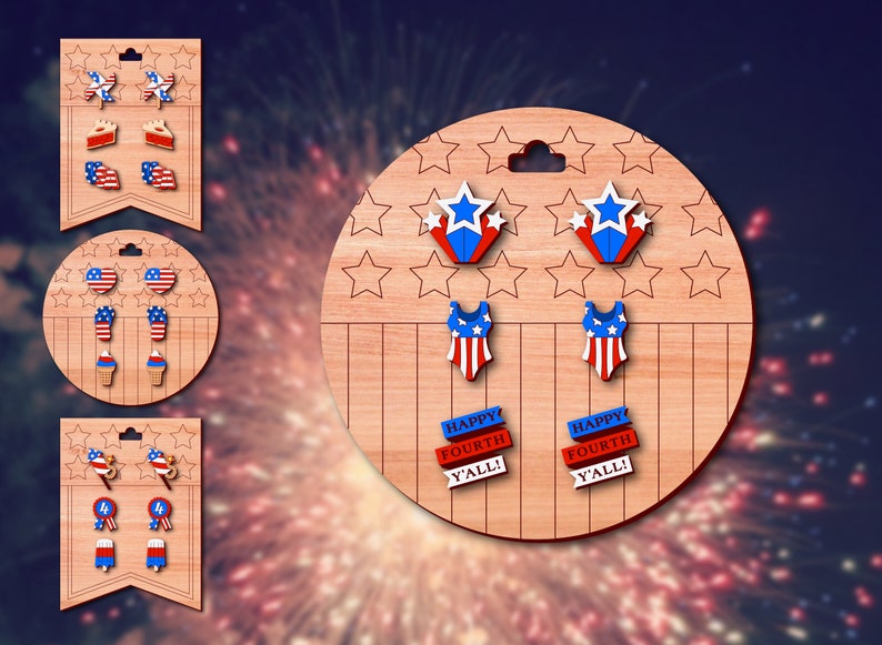 May include: A set of six pairs of patriotic themed earrings on a wooden display. The earrings feature stars, fireworks, ice cream cones, swimsuits, and banners that say "Happy Fourth Y'all!"