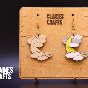 Moon Earrings SVG | Crescent Moon w/ Clouds Earrings Laser File | Celestial Earrings SVG | Lunar Earrings Glowforge File | Layered Earrings