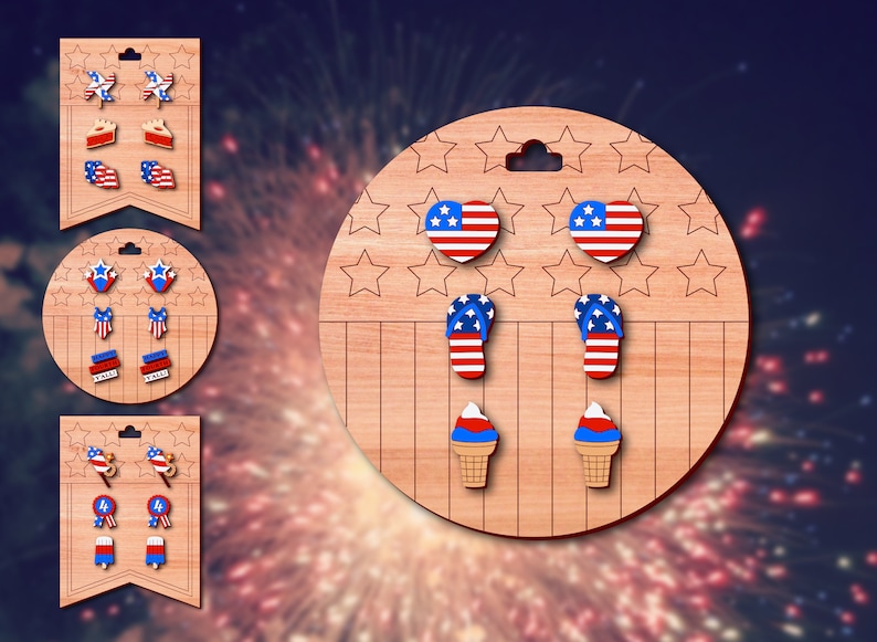 May include: A set of six pairs of red, white, and blue earrings on a wooden display. The earrings feature various patriotic designs, including stars, fireworks, ice cream cones, and flip-flops.