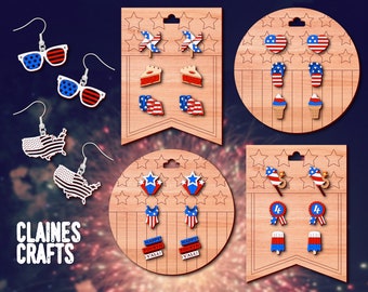Fourth of July Earrings SVG Cut File | 4th of July SVG Bundle | Laser Cut Earrings SVG | Glowforge File | Patriotic Svg | American Flag Svg