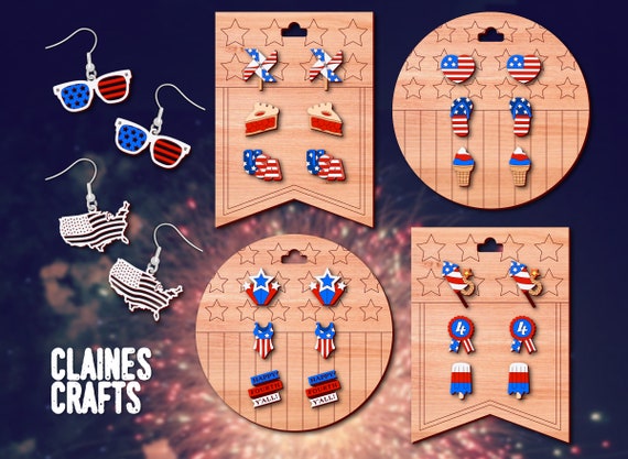 Fourth of July Earrings SVG Cut File | 4th of July SVG Bundle | Laser Cut Earrings SVG | Glowforge File | Patriotic Svg | American Flag Svg