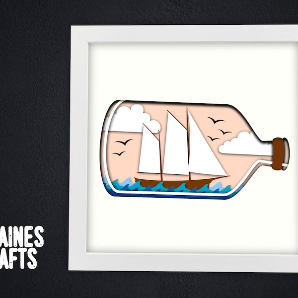 Sailboat Shadow Box SVG | 3D Layered Ship In A Bottle Sea Paper Cut Art | Cricut & Silhouette | svg, dxf, png, studio files | Light Box