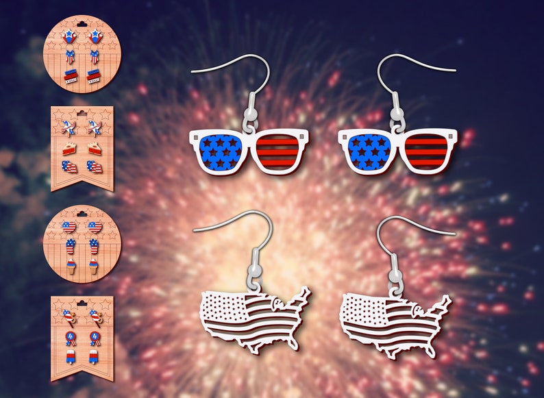 May include: Four pairs of dangle earrings with a patriotic theme. The earrings feature red, white, and blue stars, stripes, and an outline of the United States.