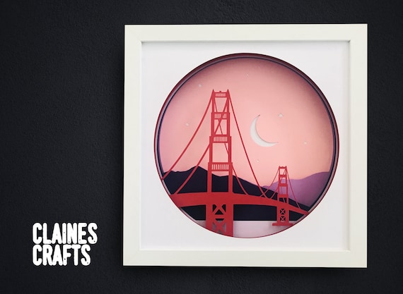 Golden Gate Bridge Shadow Box SVG | San Francisco 3D Layered Paper Wall Art | Cricut & Silhouette | svg, dxf, png, studio files
