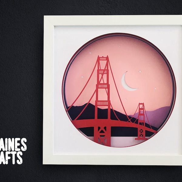 Golden Gate Bridge Shadow Box SVG | San Francisco 3D Layered Paper Wall Art | Cricut & Silhouette | svg, dxf, png, studio files