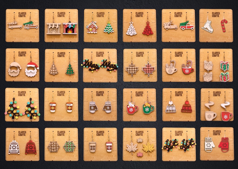 Peut inclure: Un ensemble de 24 paires de boucles d'oreilles de No&euml;l en bois. Les boucles d'oreilles pr&eacute;sentent divers th&egrave;mes de No&euml;l, notamment des sapins de No&euml;l, des d&eacute;corations, le P&egrave;re No&euml;l, des rennes, des flocons de neige, et plus encore. Les boucles d'oreilles sont toutes en bois et ont une finition naturelle.