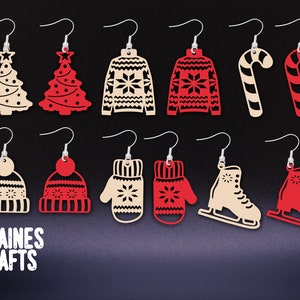 Christmas Earrings SVG | Christmas Earring Laser File Bundle | Sweater, Beanie, Ice Skate, Candy Cane, Tree, Mitten | Dangle Earrings SVG