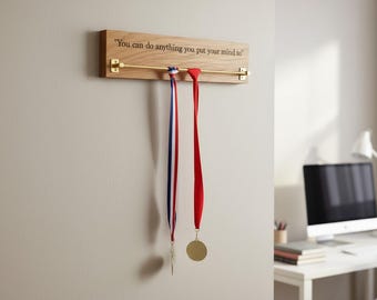 Personalised Oak Running Medal Hanger: Engraved Display Rail , Wood medal holder, award display, Personalised gift, runners gift