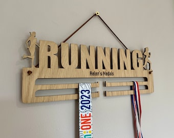 Personalised Running Medal Hanger: Engraved Oak Veneer Display , Wood medal holder, award display, Personalised gift, runners gift