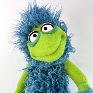 Professional Hand Puppet - Muppet Style Adorable Green & Blue Furry Monster w/ Dual Arm Rods