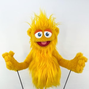 Professional Hand Puppet - Adorable Furry Yellow Monster - with Dual Permanent Arm Rods