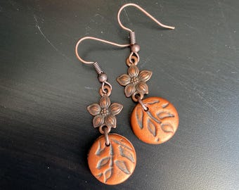 Polymer Clay Cane & Copper Flower Earrings