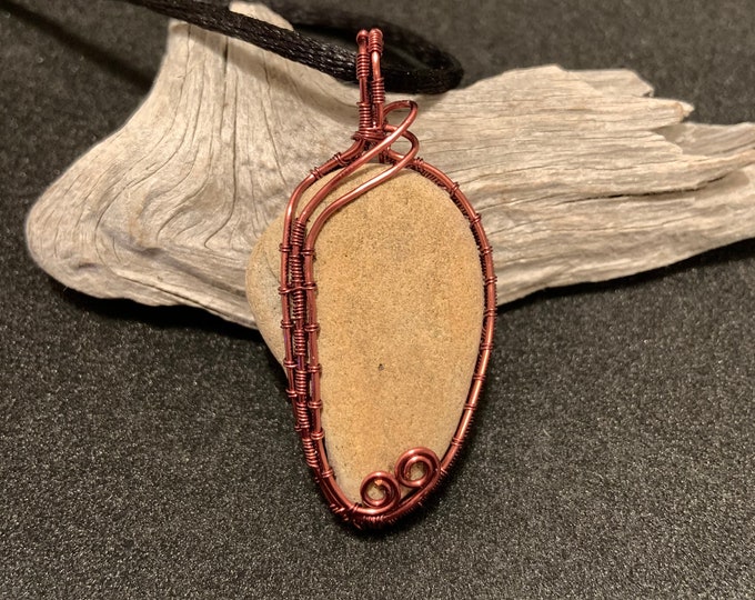 Beach Stone & Copper Wire Wrapped Pendant