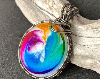 Color Swirl Wire Wrapped Resin Pendant
