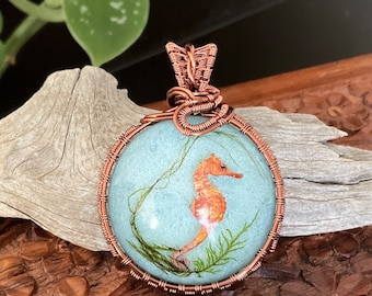 Seahorse Circle Wire Wrapped Resin Pendant