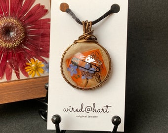 Collage Resin Art Wire Wrapped Pendant