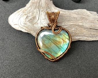 Labradorite Heart-Shaped Wire Wrapped Pendant