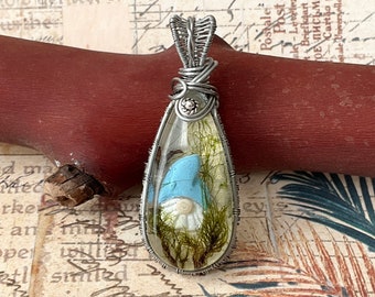 Gnome Blue Teardrop Wire Wrapped Pendant