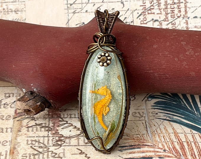 Featured listing image: Seahorse Wire Wrapped Resin Pendant
