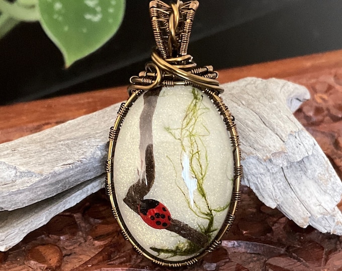 Ladybug Oval Wire Wrapped Resin Pendant