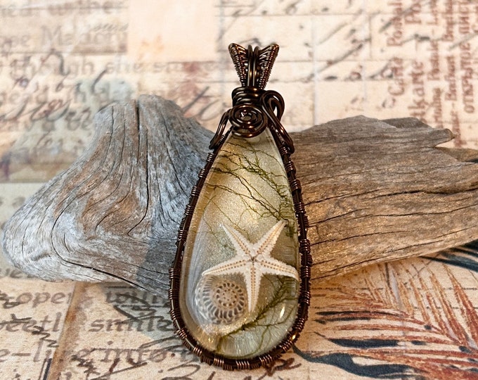 Beach Inspired Wire Wrapped Resin Pendant