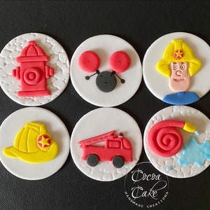 Handmade edible sugar paste fireman themed cupcake toppers