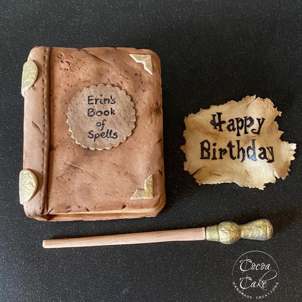 Handmade personalised fondant old effect Book of Spells cake topper set