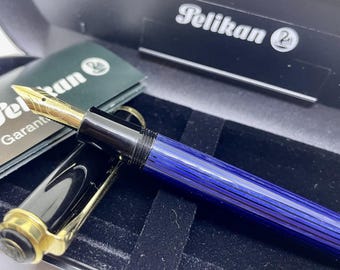 RARE NOS 1980er PELIKAN M400 Blau gestreifter Füllfederhalter - 14k B Nib - Box & Papers