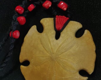 Fossil Encope Californicus Sand Dollar, Handmade Macrame Necklace, Italian Red Coral Beads