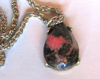 Handmade Tear-drop Pendant Necklace, Rhodonite from Darrington Washington on antique silver
