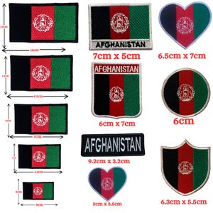 Puede incluir: Parches bordados con la bandera de Afganistán en diversas formas: rectangulares, corazón, escudo y redondos. Las medidas están en cm, el parche más grande mide 18 cm x 11 cm. También aparece la palabra 'Afganistán'.