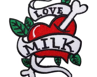 Love Milk Tattoo Heart & Bone Iron On Patch Sew On Embroidered Applique for Bags Jackets Clothing