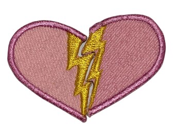 Pink Lightning Broken Heart Iron On Patch Sew On Applique Embroidered Badge