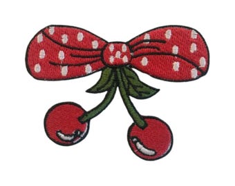 Red Cherries Polka Dot Bow Iron On Patch Sew On Embroidered Applique Cherry Badge
