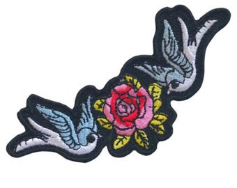 Birds Flying with Rose Love Iron On Patch Embroidered Sew On Applique Badge