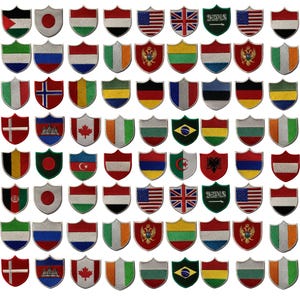 May include: A collection of 64 embroidered patches featuring various country flags. The patches are shaped like shields and have a white border. The flags are arranged in a grid pattern.