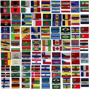 May include: A selection of embroidered flag patches, including those of Afghanistan, Albania, and Algeria. Each patch displays a country's flag design with a white border. The flags represent nations from across the globe.