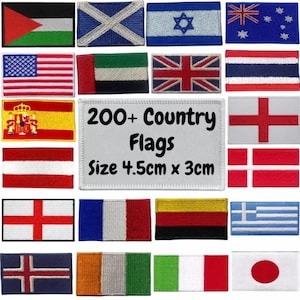 Può includere: Una collezione di toppe ricamate con bandiere di paesi, tra cui quelle di Israele, Regno Unito e Italia. Una toppa centrale recita "200+ Country Flags, Dimensione 4,5cm x 3cm".