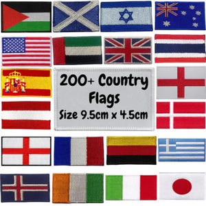 Puede incluir: Una colección de banderas de países bordadas, incluyendo las de Estados Unidos, Reino Unido y Japón. Un parche central dice "200+ Country Flags" y mide 9,5 cm x 4,5 cm. Las banderas son de varios colores y diseños.