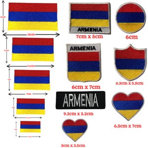 May include: A collection of embroidered patches featuring the Armenian flag in various shapes and sizes. The patches display the red, blue, and yellow tricolor design. Rectangular, circular, shield, and heart-shaped patches are shown, with some including the word "ARMENIA".