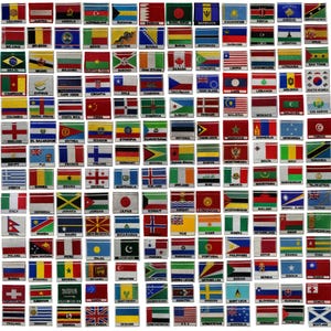 May include: A collection of embroidered flag patches from various countries, arranged in a grid. Each patch displays the national flag design, with vibrant colors and detailed stitching. The flags represent nations from around the world.