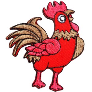May include: Red embroidered iron-on patch of a rooster with a brown tail and a white eye.