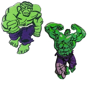May include: Two embroidered iron-on patches featuring the Incredible Hulk in different poses. The Hulk is green with purple pants and is shown flexing his muscles in one patch and running in the other.