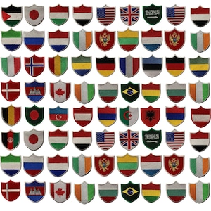 May include: A collection of 64 embroidered patches featuring various country flags. The patches are shaped like shields and have a white border. The flags are arranged in a grid pattern.