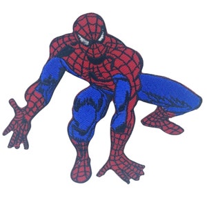 May include: Red and blue embroidered iron-on patch of Spider-Man in a crouching pose.