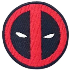 May include: Red and black embroidered patch with a stylised Deadpool logo. The logo features a red outline and a black interior with two white eyes.