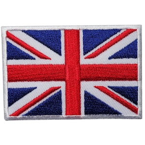 May include: A white, blue, and red embroidered patch of the Union Jack flag.